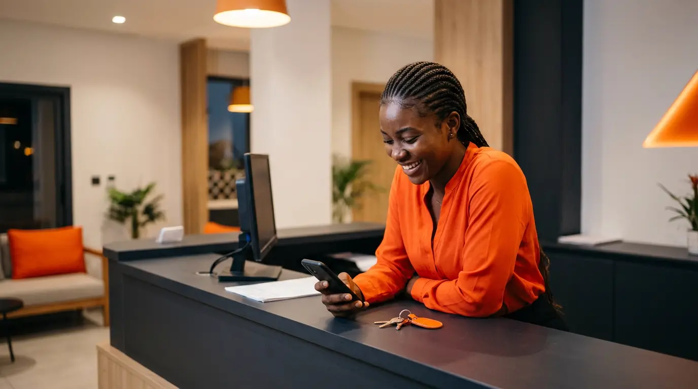 Réceptionniste souriante qui consulte son téléphone à l’accueil d’une résidence