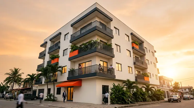Immeuble résidentiel moderne à Douala au coucher du soleil