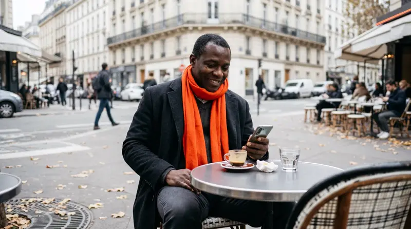 Un propriétaire suit sa résidence depuis une terrasse de café